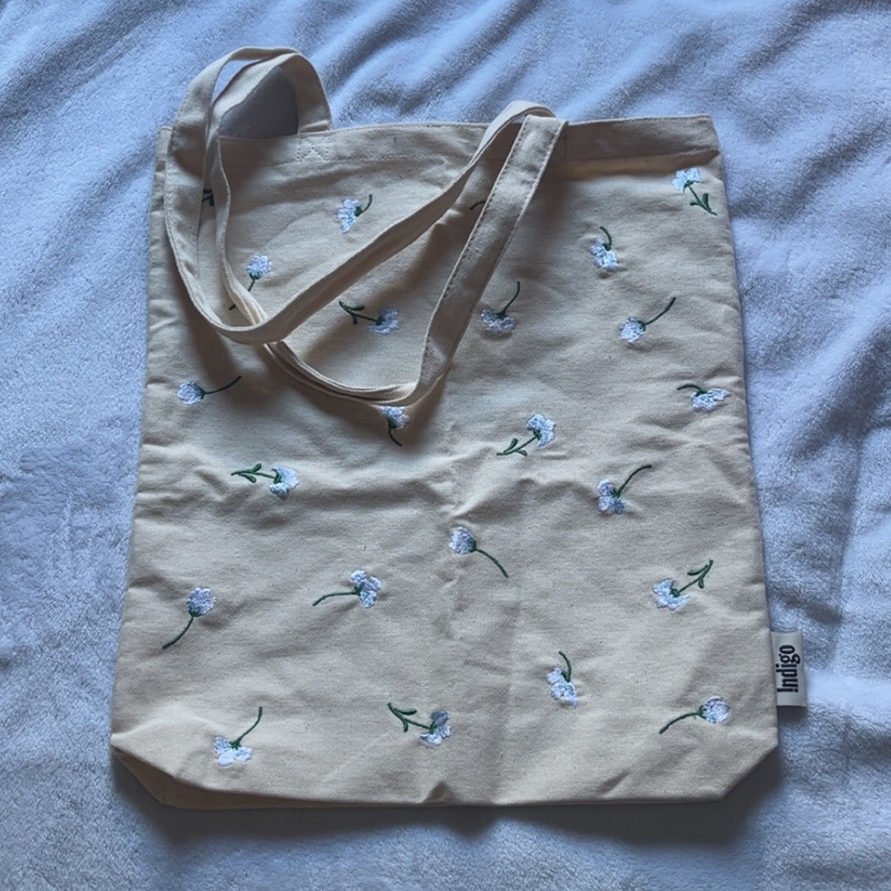 Indigo Tote + Matching Pouch with Floral Embroidery